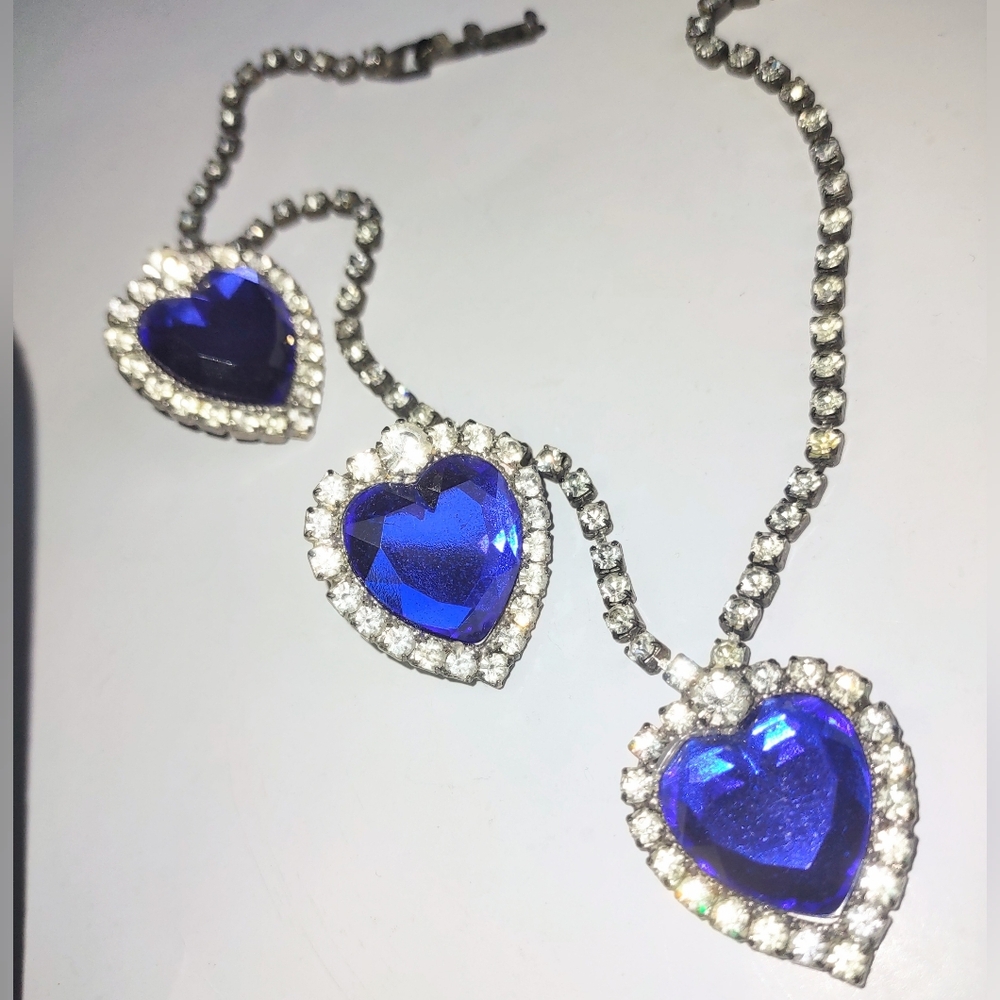 Vintage Dark Blue Heart Crystal Necklace & Earrings Vintage Set
